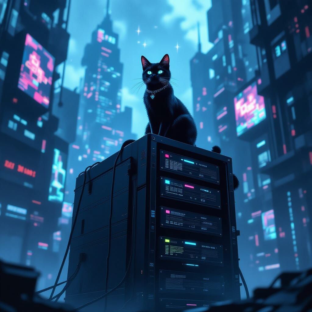 Obsidian Cat on Server Rack in Digital Cityscape