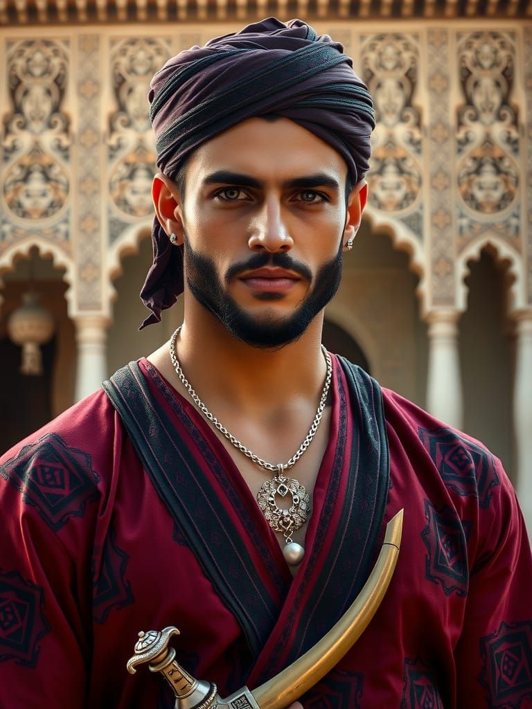 Majestic Moroccan Noble in Burgundy Djellaba with Intricate ...