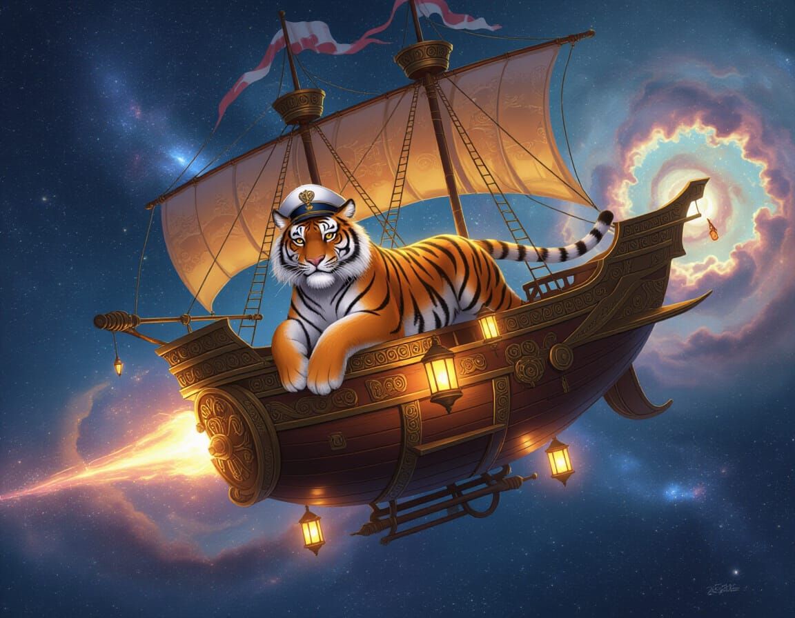 Tiger Captain Soaring Through Cosmos on Celestial Airship