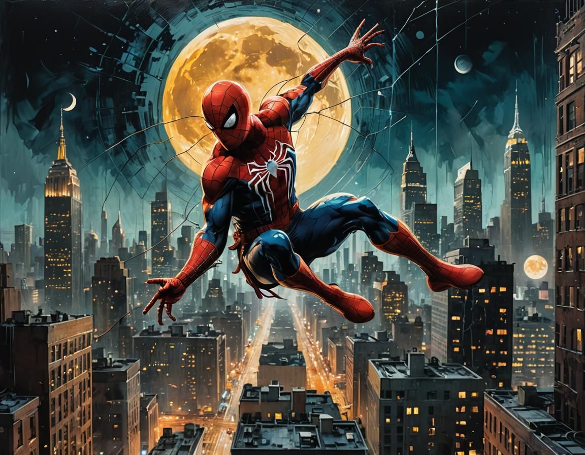 Spider-Man Swinging: Vibrant Abstract Impressionist Art