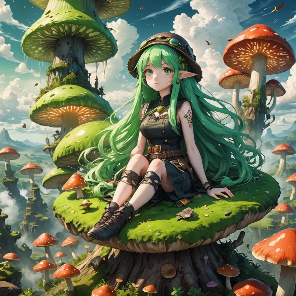 Anime Girl on Mushroom in Detailed Matte Painting