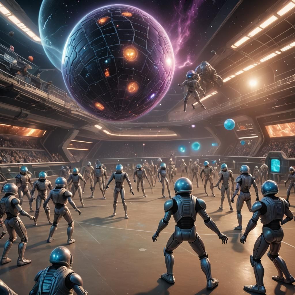 Aliens Play Spaceball in Cosmic Holographic Illustration