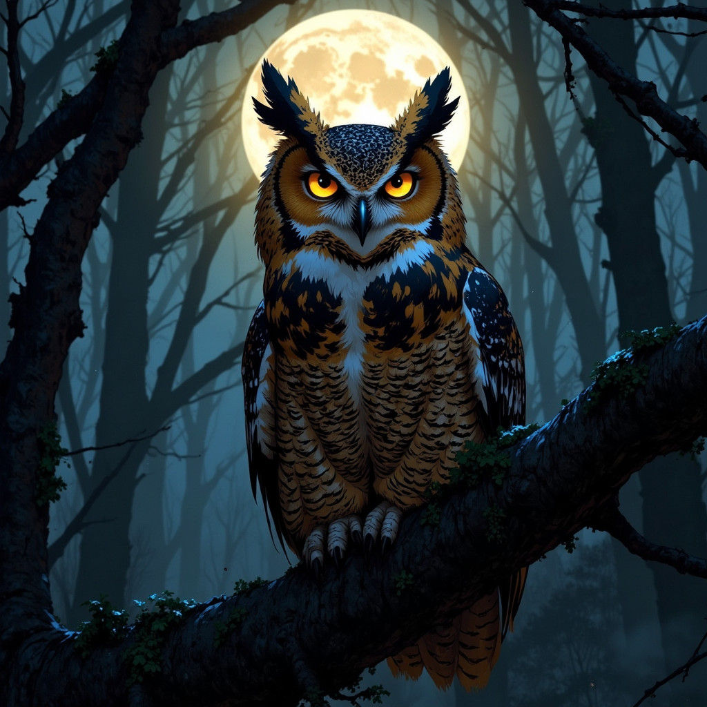 Great Horned Owl in Moonlit Forest