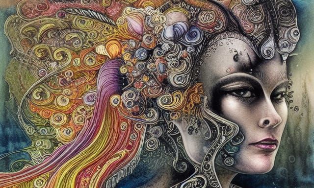 Colorful Myth Collision: Detailed Ink Illustration