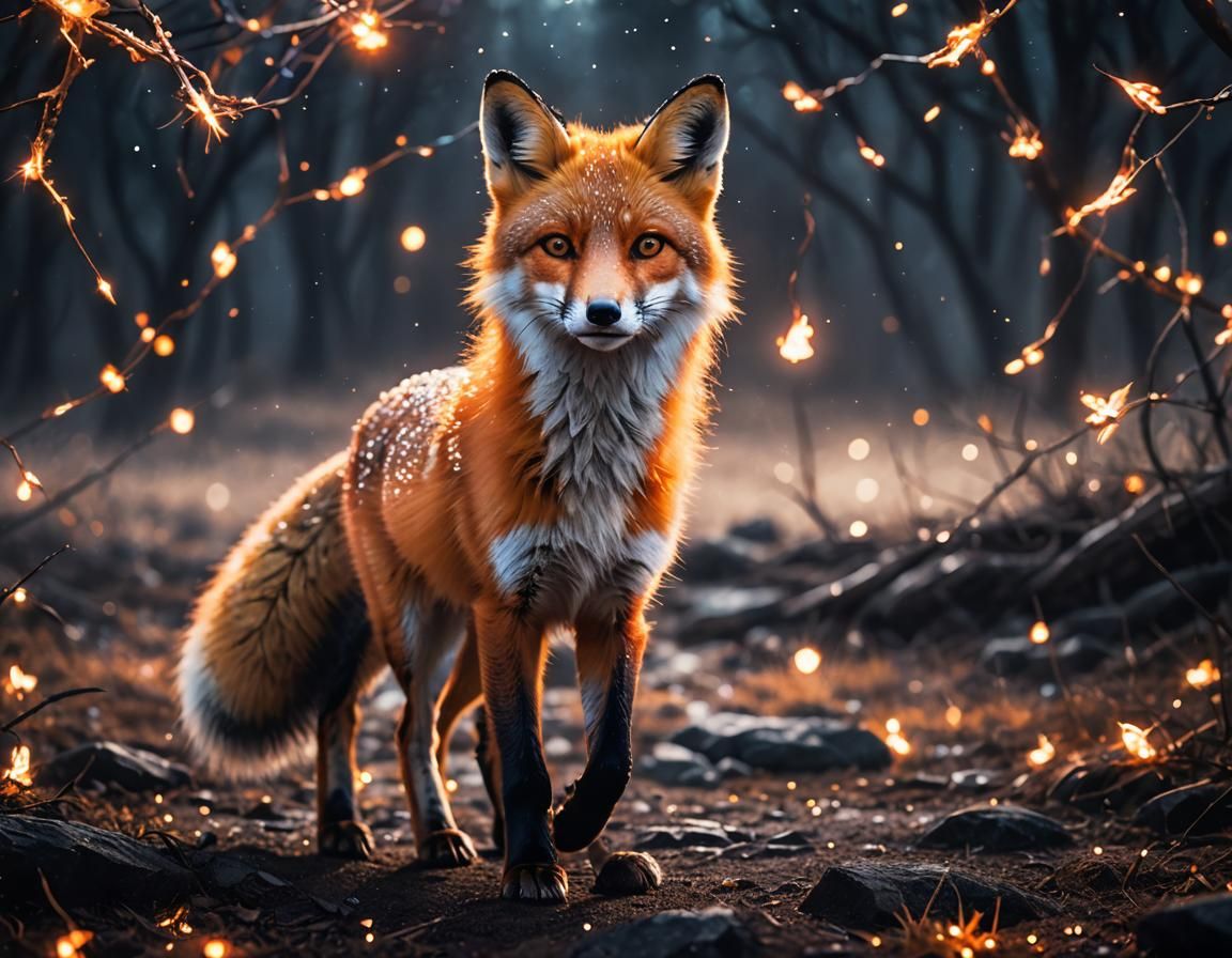 Ethereal Vermilion Fox Walking Under Starlight