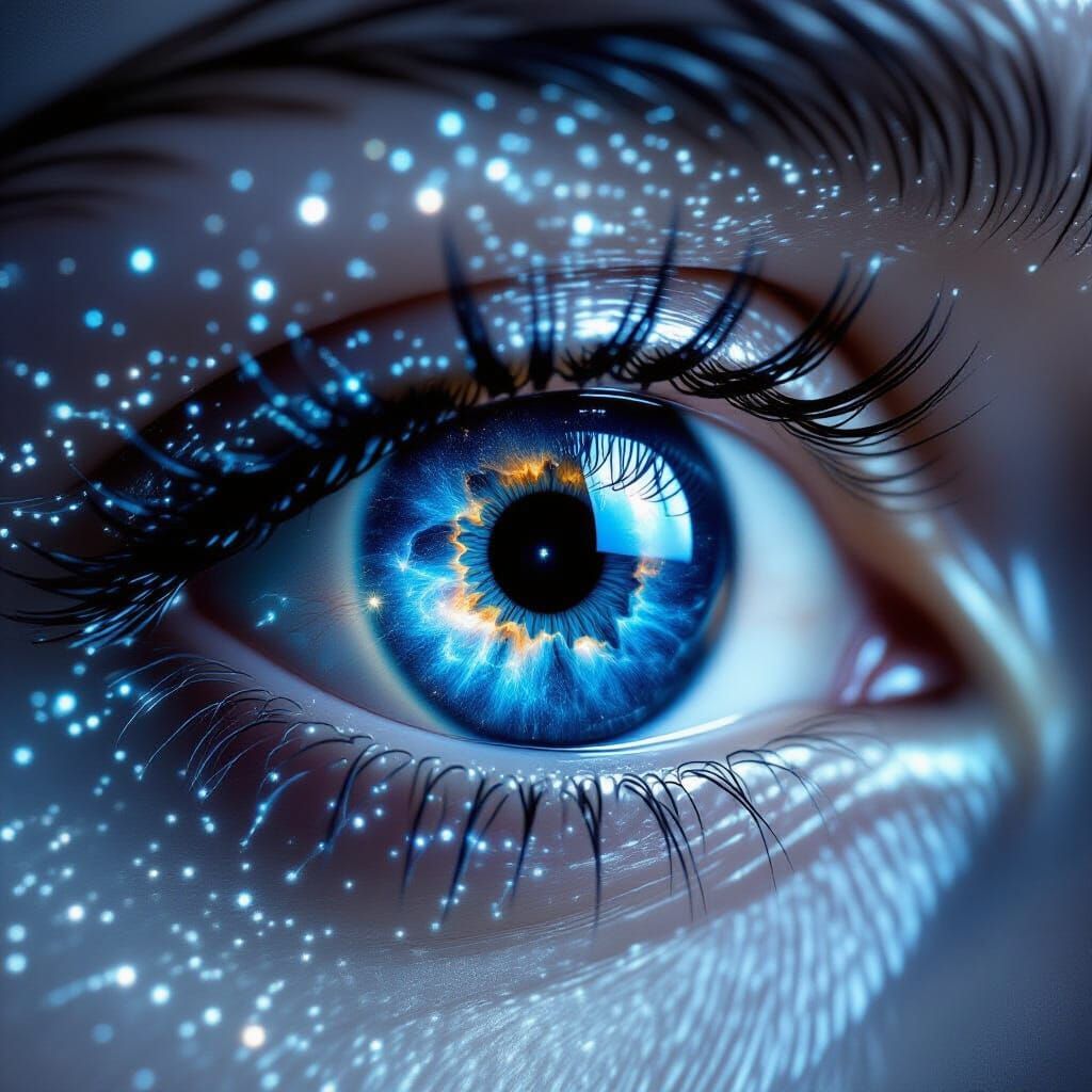 Human Eye Iris Reflecting a Galaxy in Futuristic Style