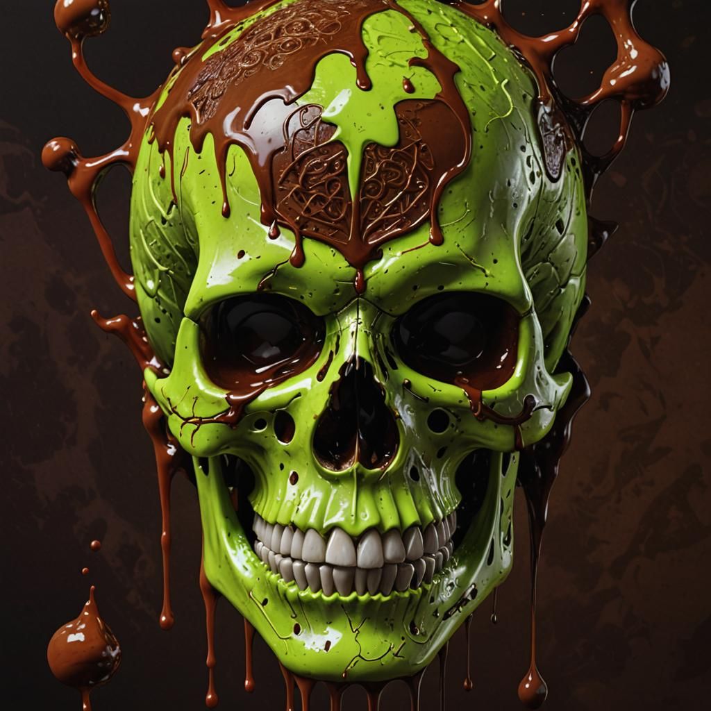 Hyperrealistic Green Skull with Chocolate Sauce