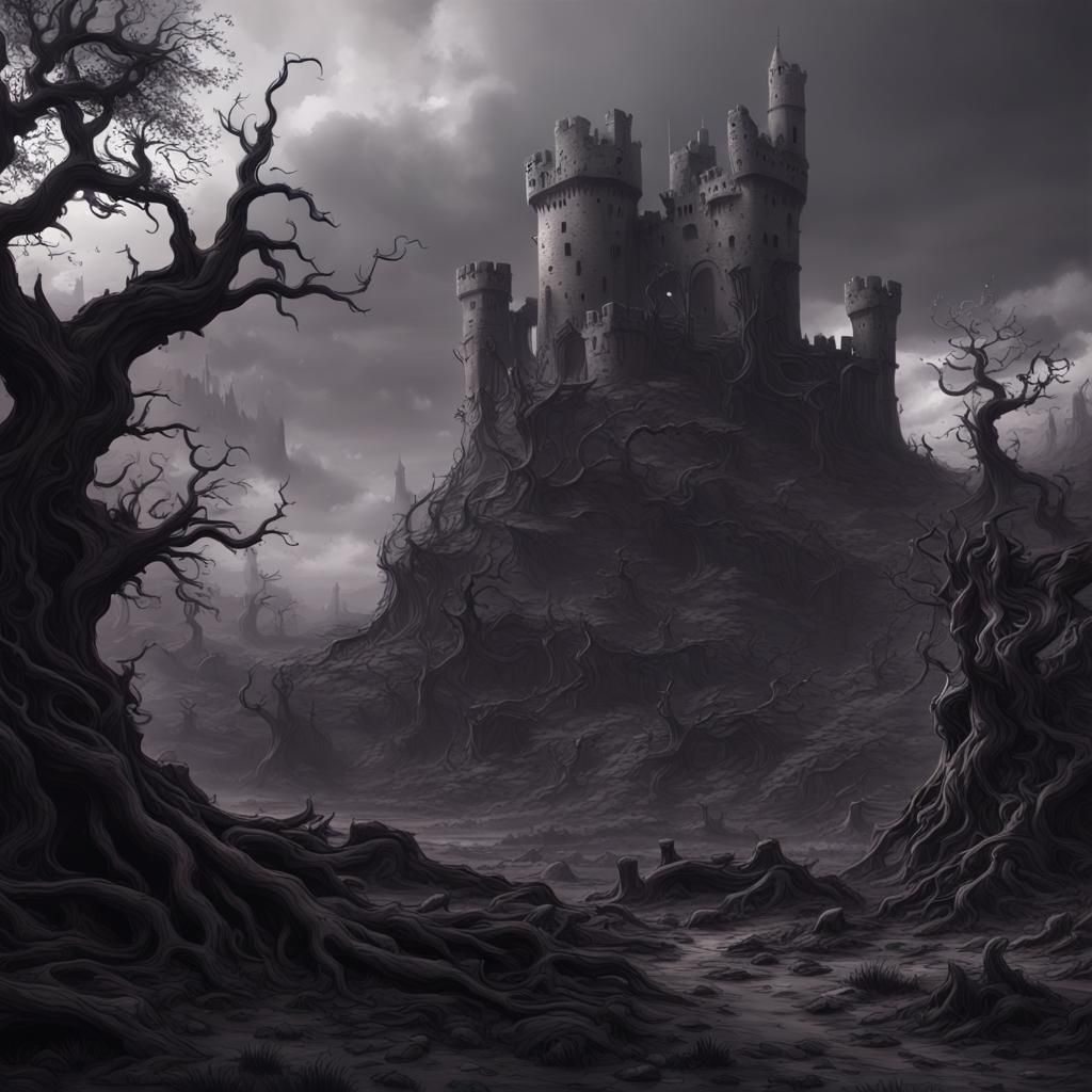 Dark Fantasy Landscape with Ruined Castle