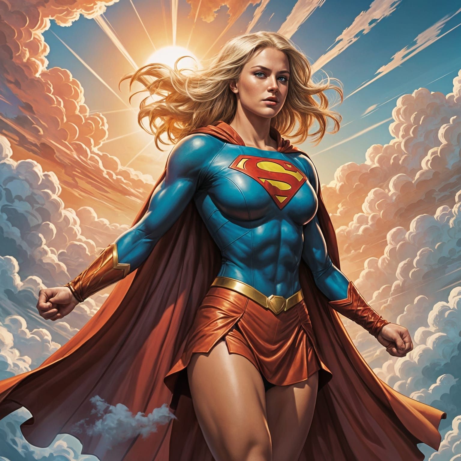 Platinum Blonde Superheroine Soars Above the Clouds in Morni...