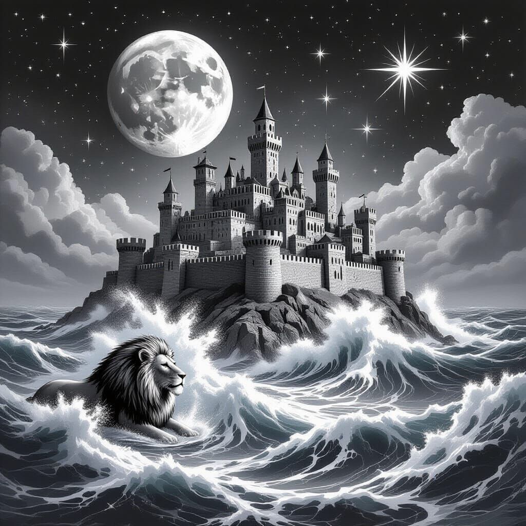 Ancient Floating City Above Stormy Seas in Black and White