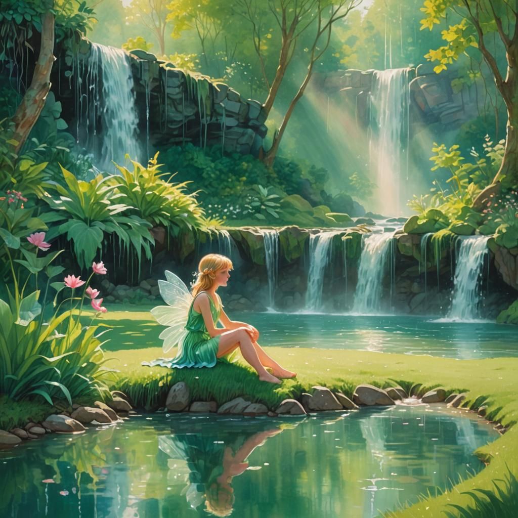 Whimsical Fairy by Waterfall in Hockney Style
