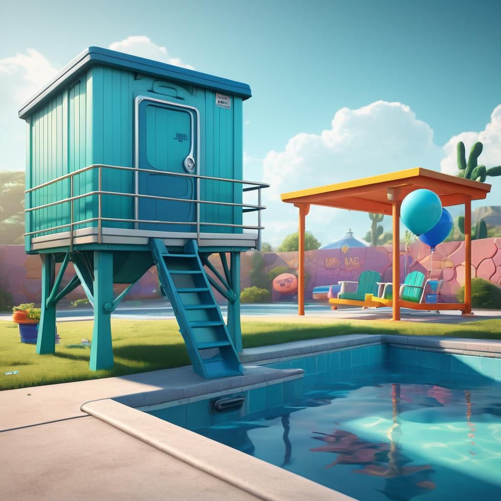 Humorous Port-a-Potty on Diving Board: Pixar-Style 3D Art