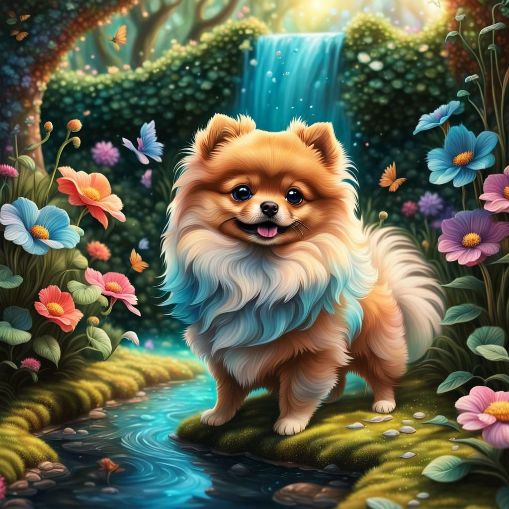 Pomeranian Dog in Enchanted Garden: Hyperrealistic Splash Ar...