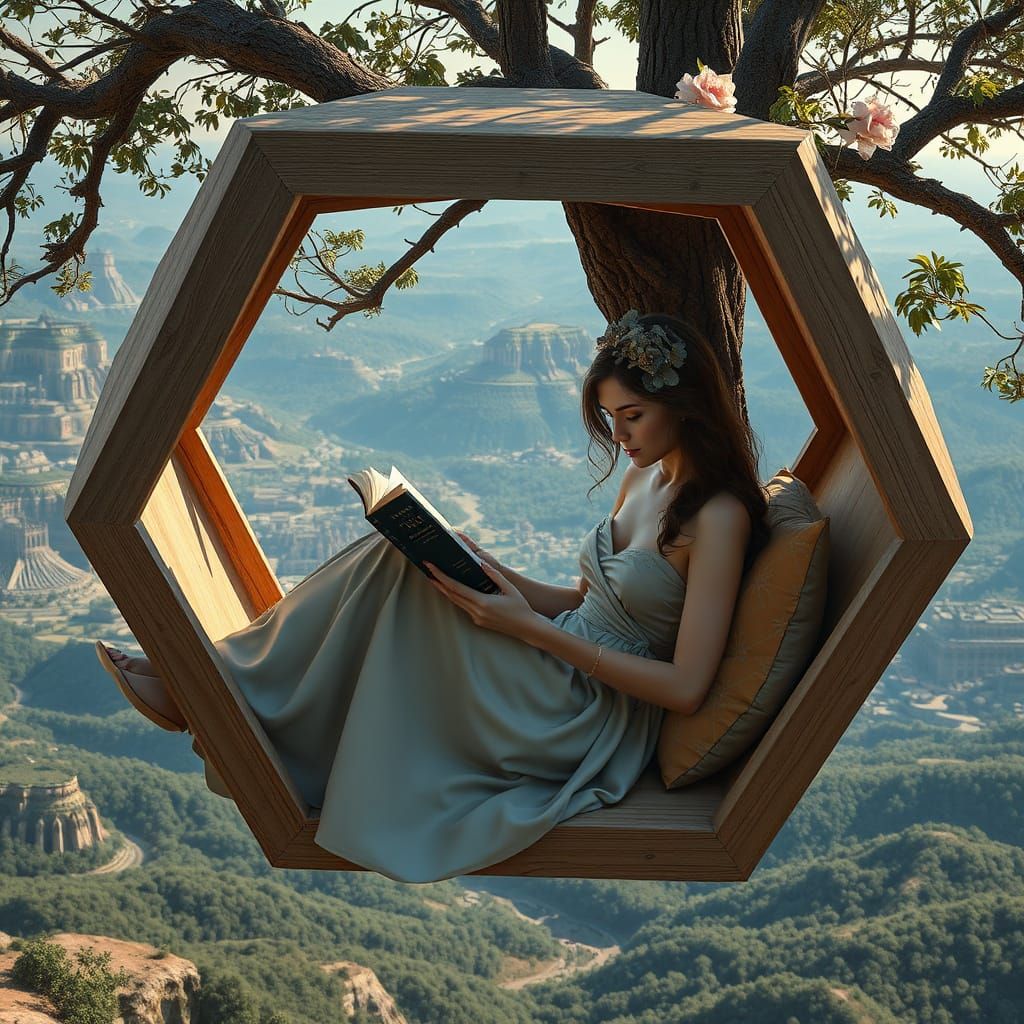 Elegant Woman Reading in Suspended Refuge