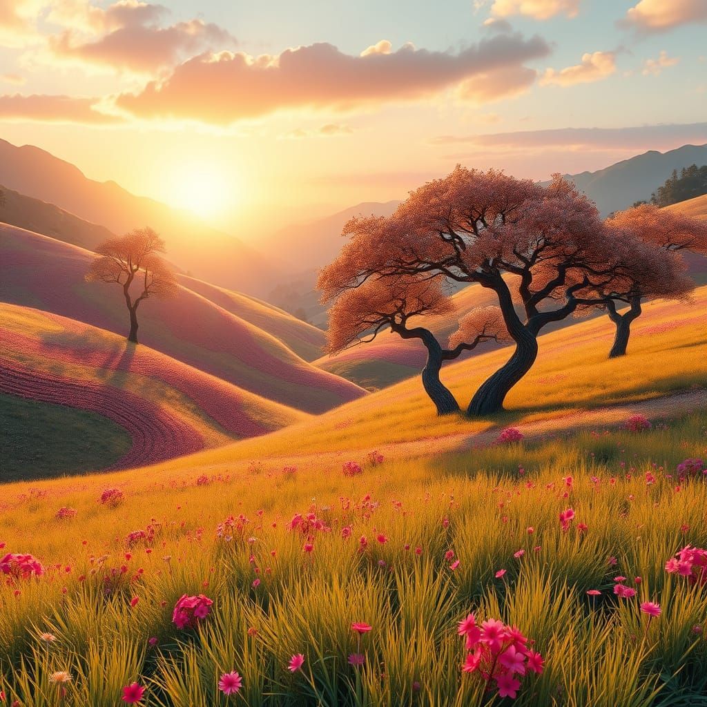 Vibrant Gingham-Inspired Valley Landscape in Whimsical Morni...