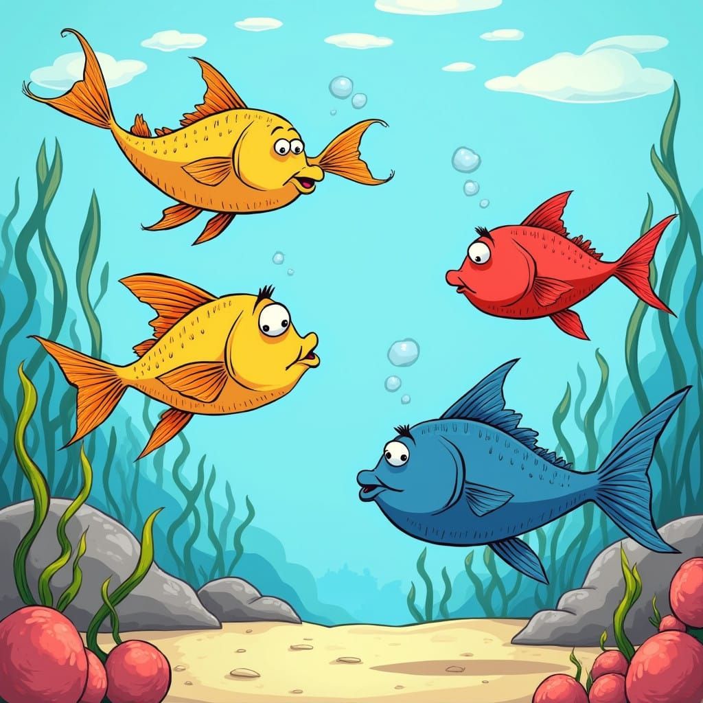 Whimsical Dr Seuss-Inspired Fish Scene in Flat Vector Style