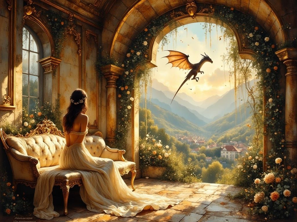 Ethereal Bohemian Princess Gazing Out at a Dragon in Flight