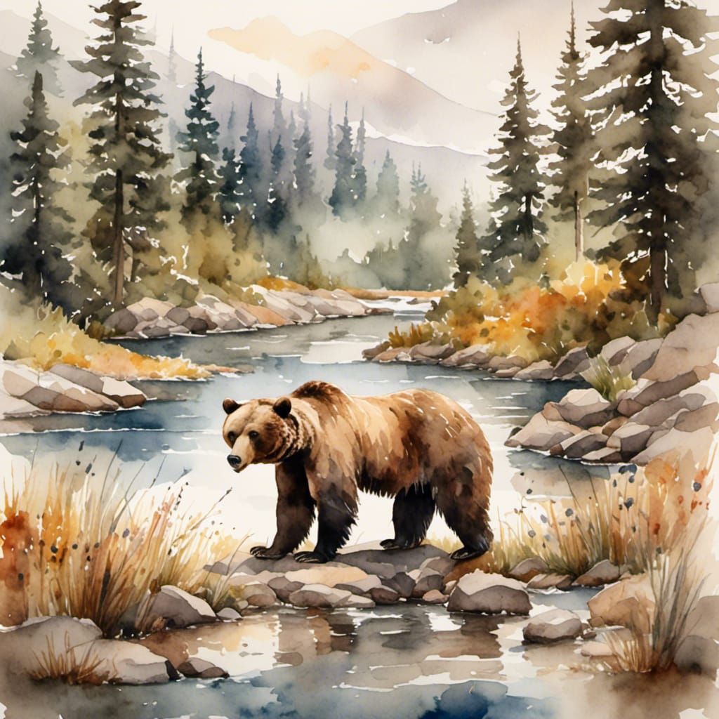 Grizzly Bear in Antique Watercolor Naturescape