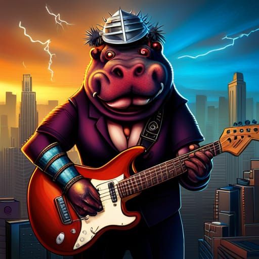 Rocker Hippo Album Cover Art in Matte Painting Style