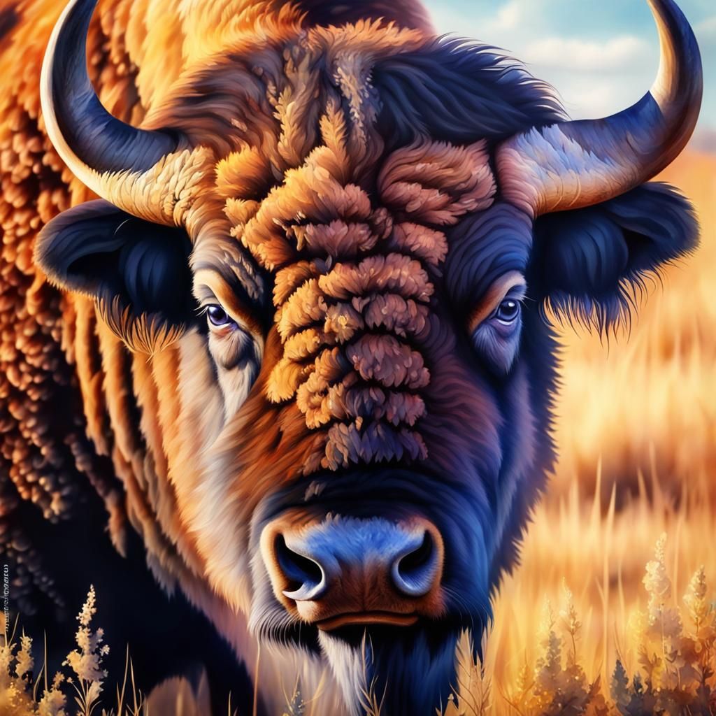 Bison Portrait in Watercolor Style on the Prairie