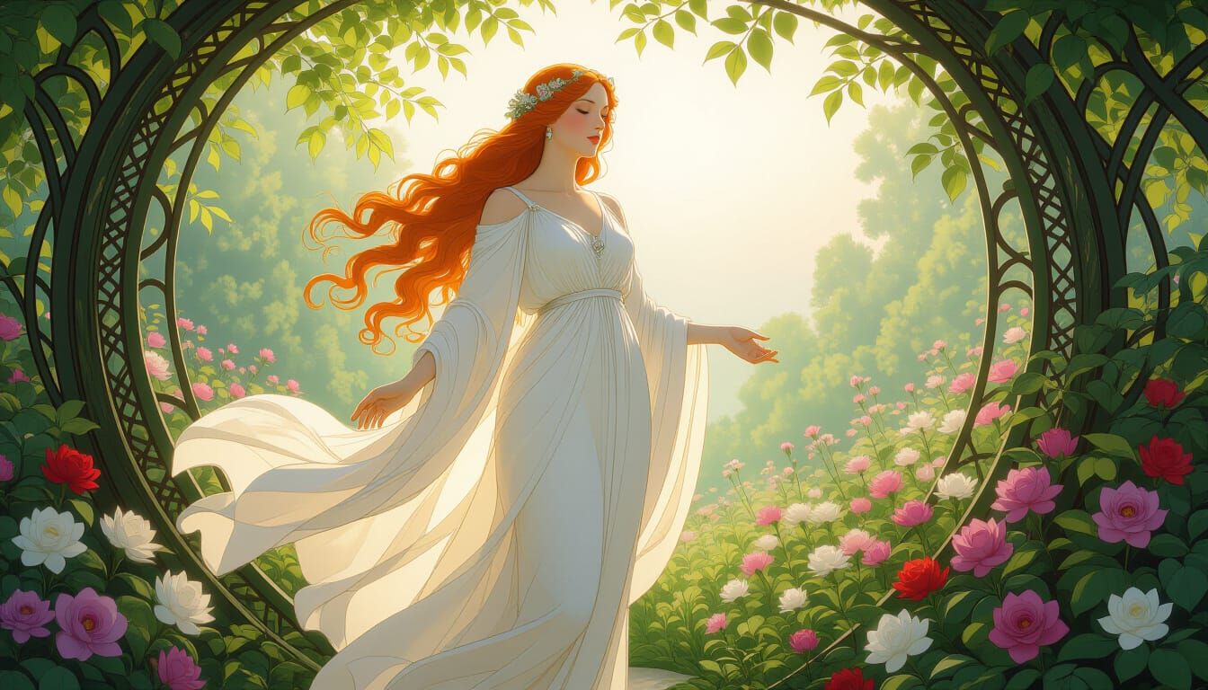 Serene Goddess in Lush Garden, Art Nouveau Style