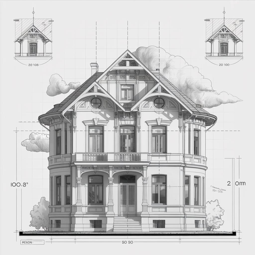 Art Nouveau House Blueprint with Technical Details