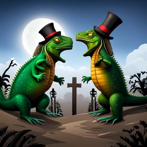 Iguana Battle in Cemetery, 3D Cartoon Style