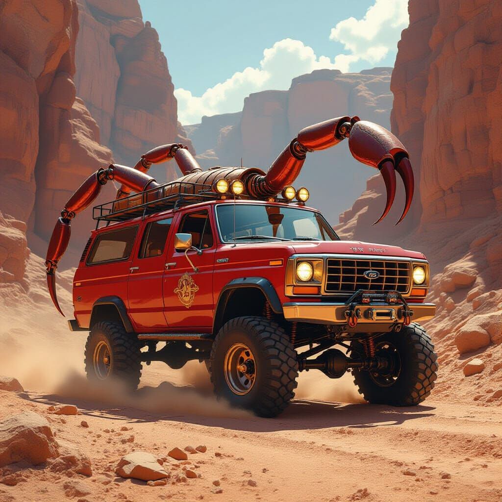 Red Ford Van Scorpion Crawls Through Desert Canyon