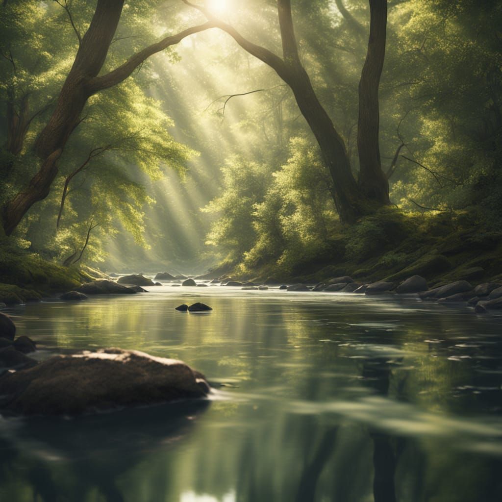 Tranquil Forest River with Dappled Sunlight