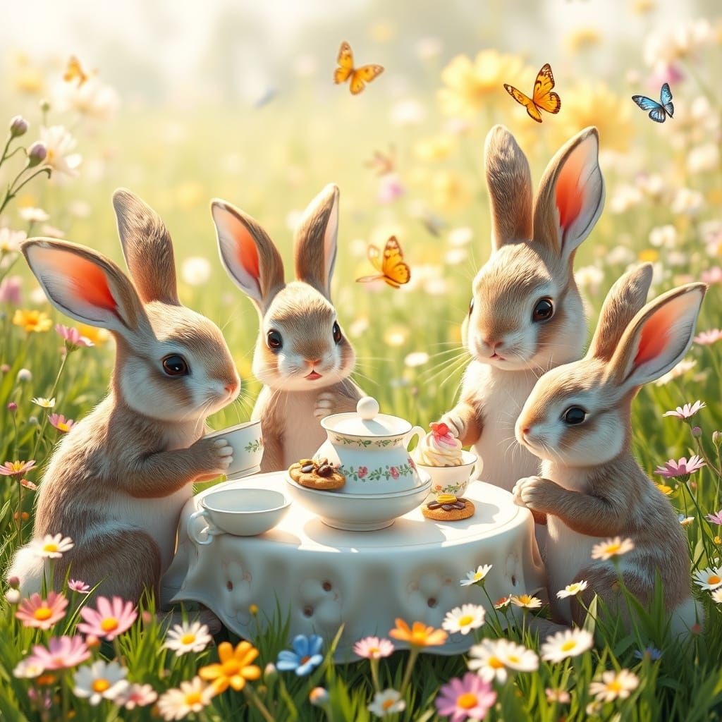 Anthropomorphic Rabbits Host Whimsical Tea Party in 3D Anime...