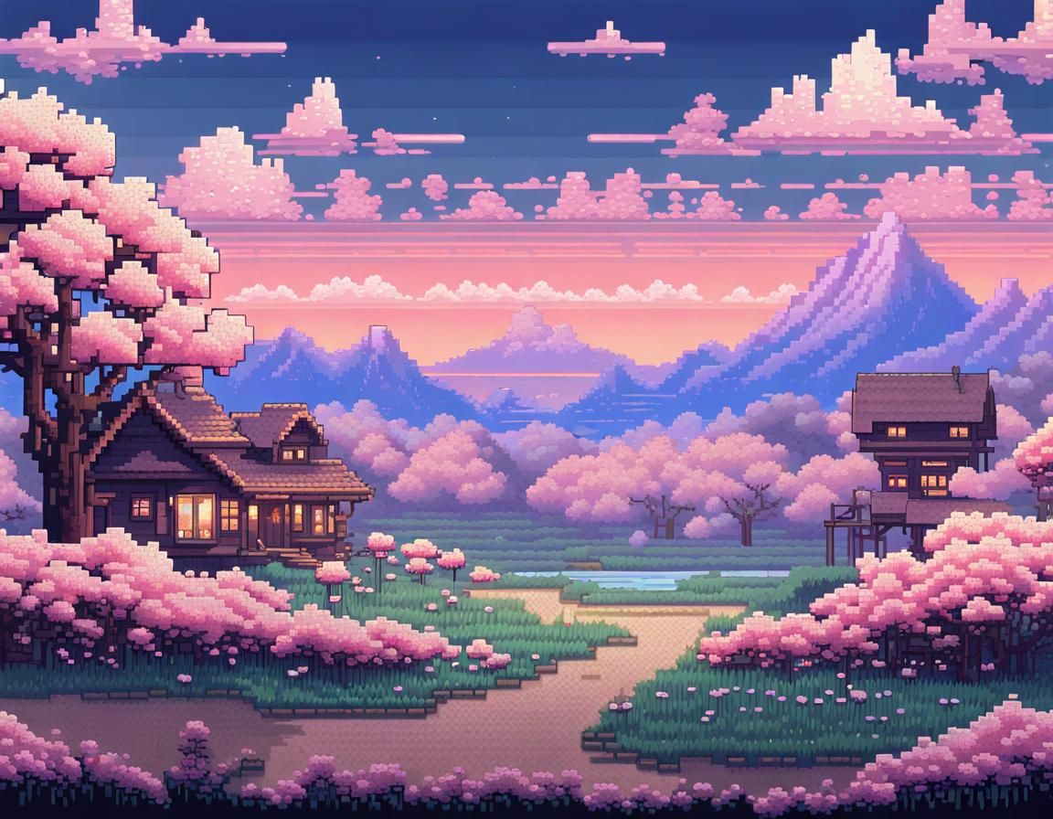 Sakura Prairie in Retro Pixel Art Style