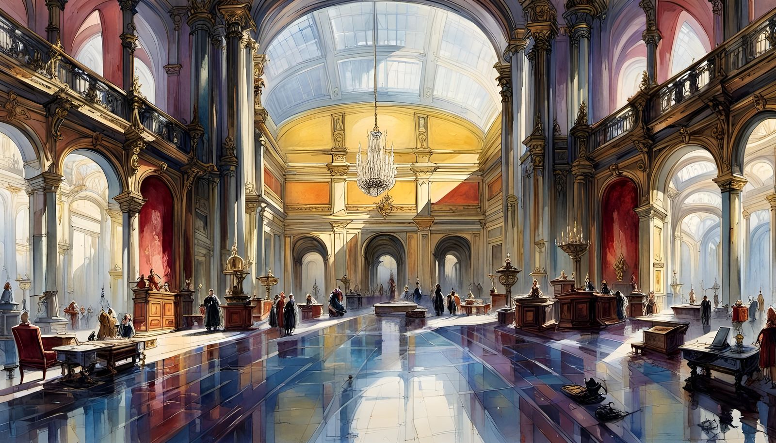 French Palace Grand Hall in Watercolor Style