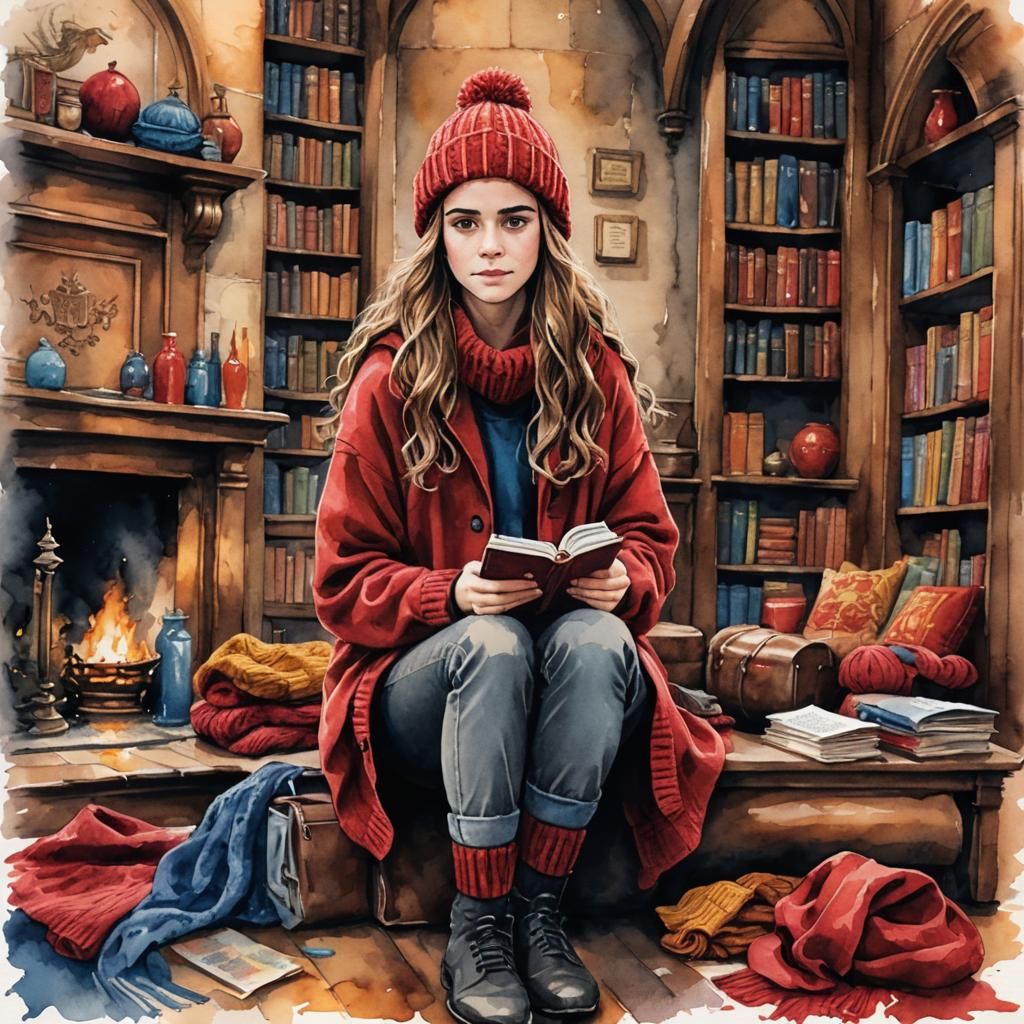 Hermione Granger at Hogwarts in Watercolor Style