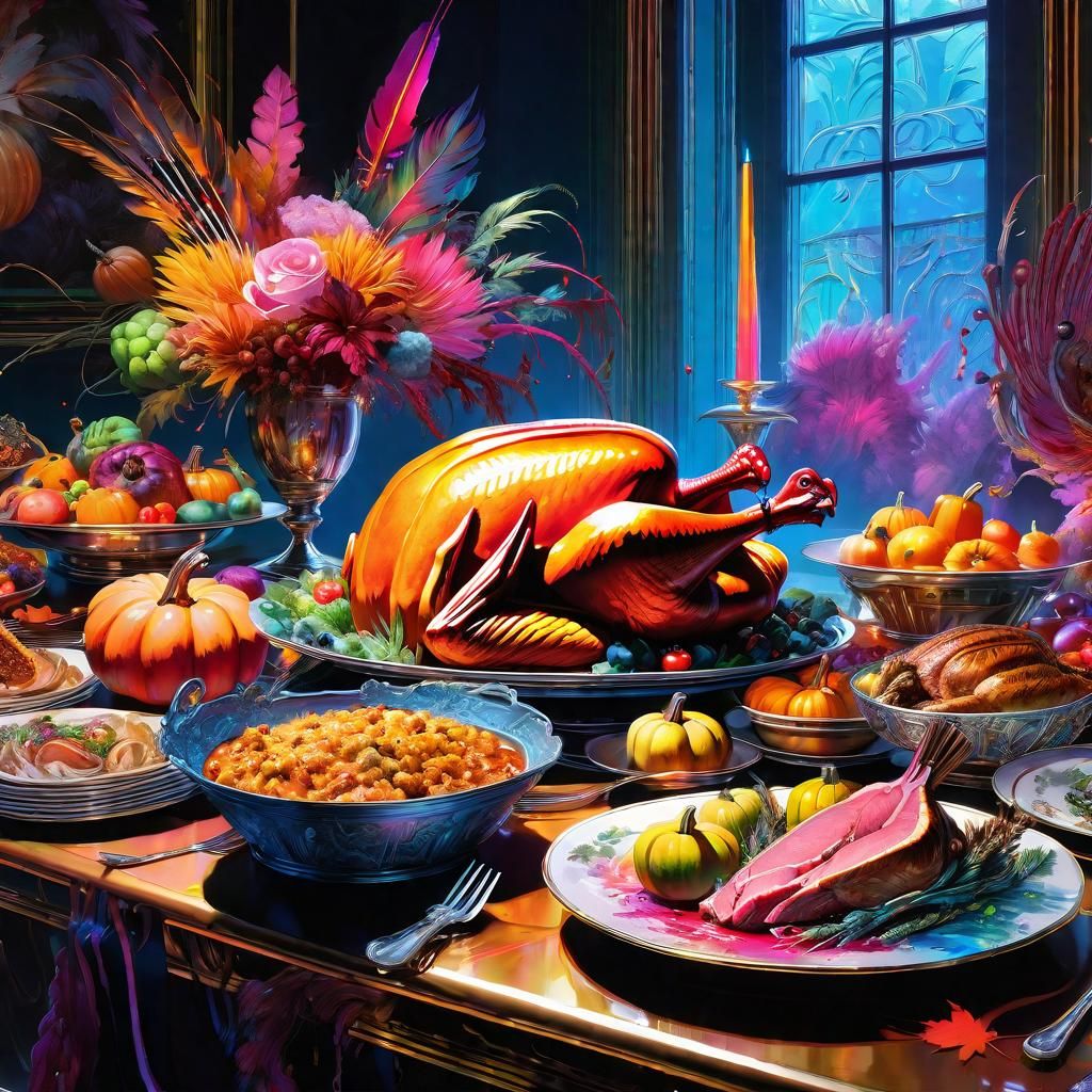 Neon Thanksgiving Feast: A Watercolor Masterpiece