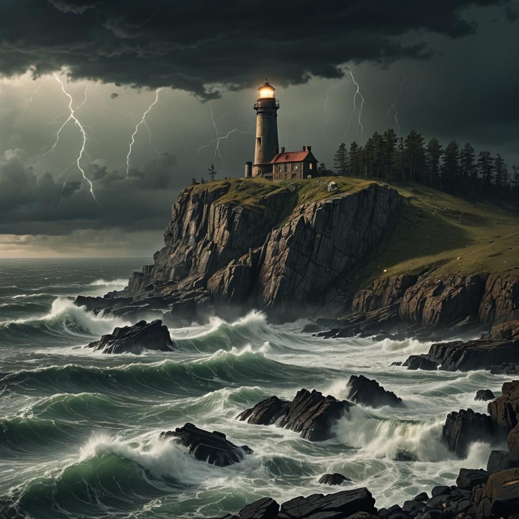 Dark Fantasy Lighthouse Against Stormy Sky