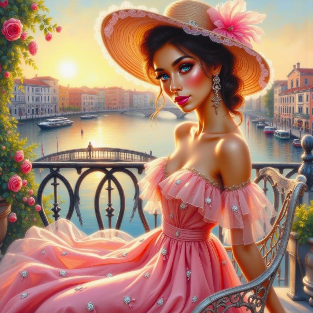 Elegant Woman on Venice Terrace, Oil Painting Style