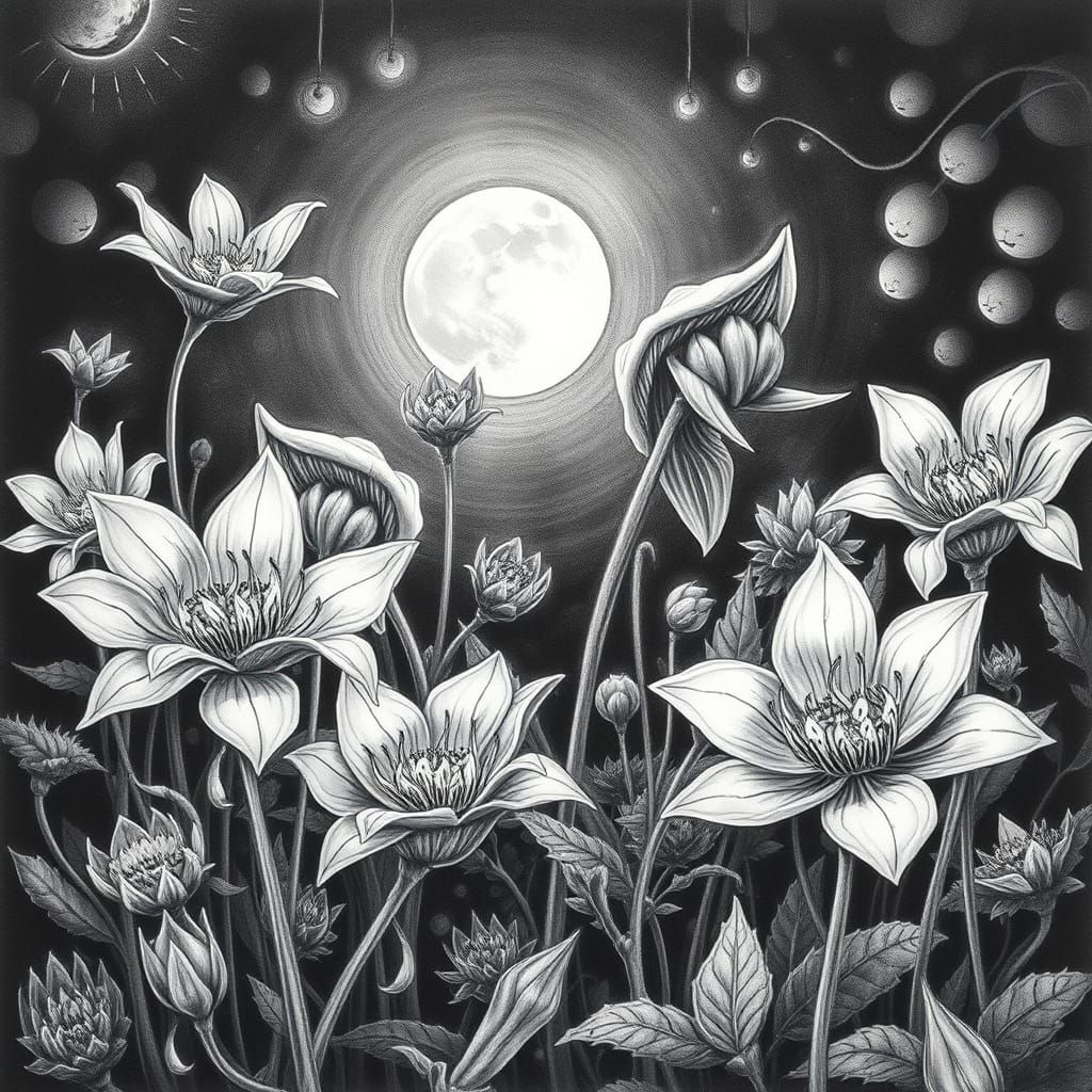 Carnivorous Flowers Bloom in Moonlit Garden