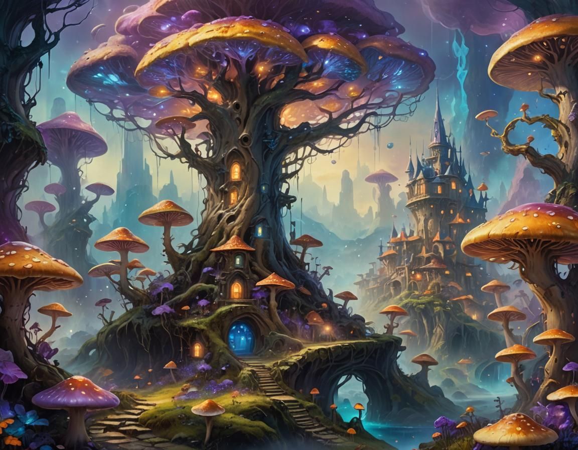 Ancient Tree-City in Misty Valley, Fantasy Art