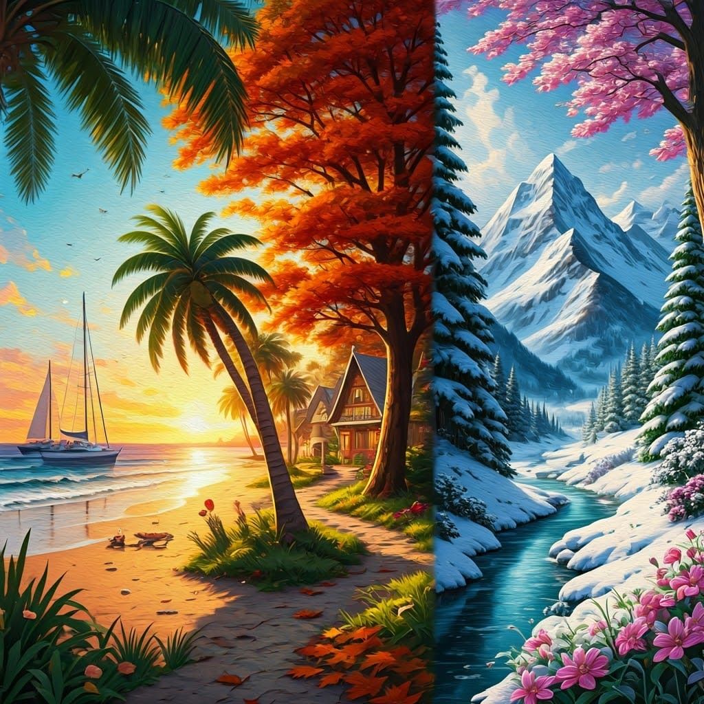 Dramatic Seasonal Contrast in Watercolor Impasto Style