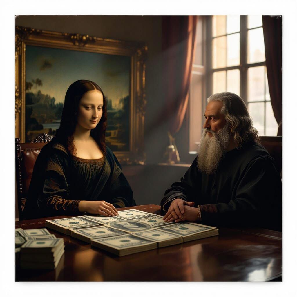 Mona Lisa and Da Vinci in an Ancient Room