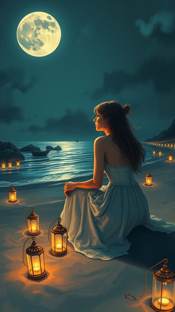 Whimsical Woman on Moonlit Beach in Digital Painting Style