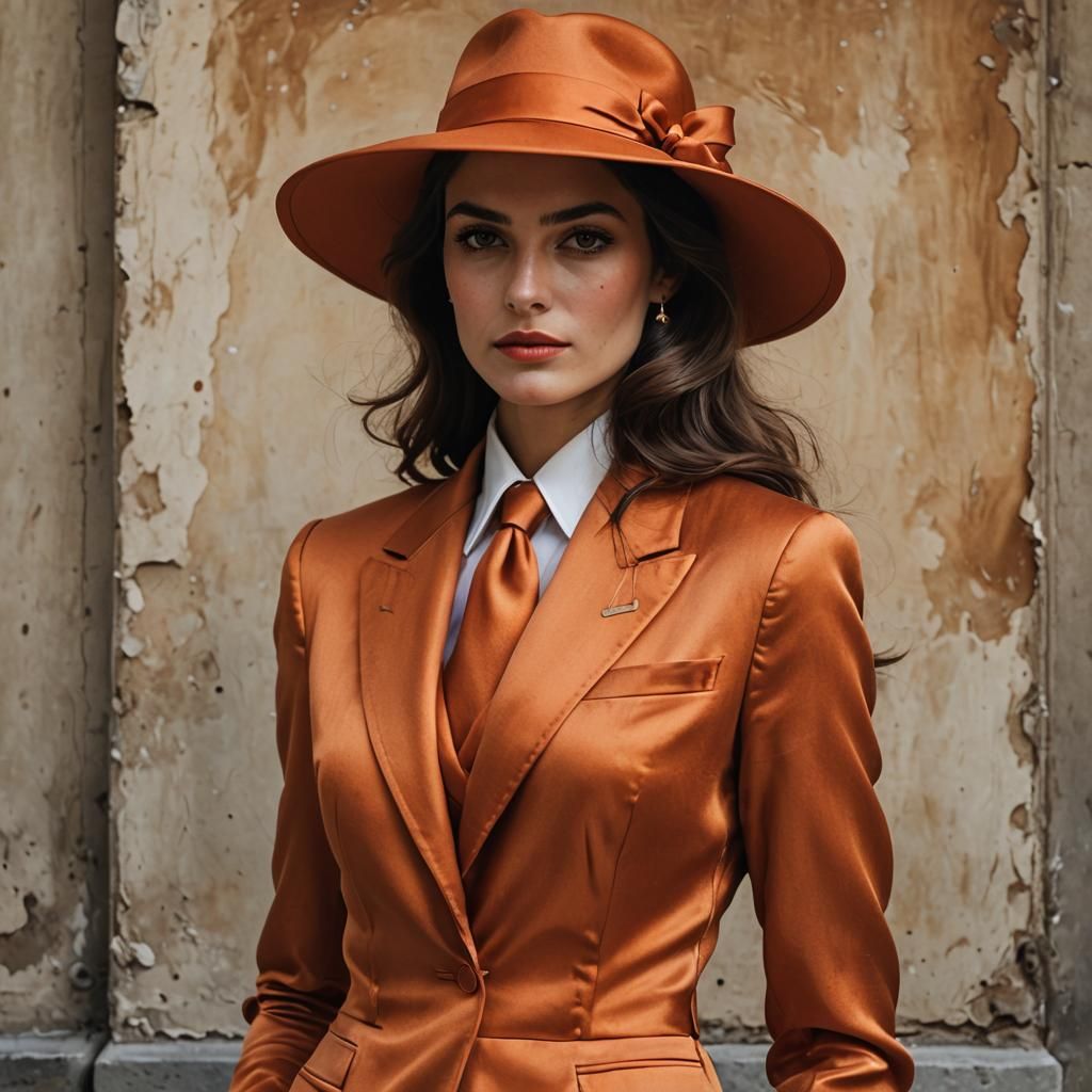Elegant Italian Woman in Orange Satin Suit