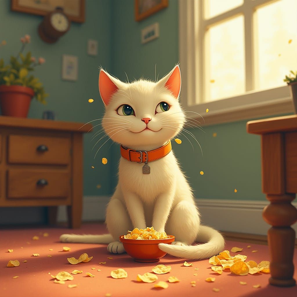 Whimsical Cat Enjoys Chips in Cozy Room