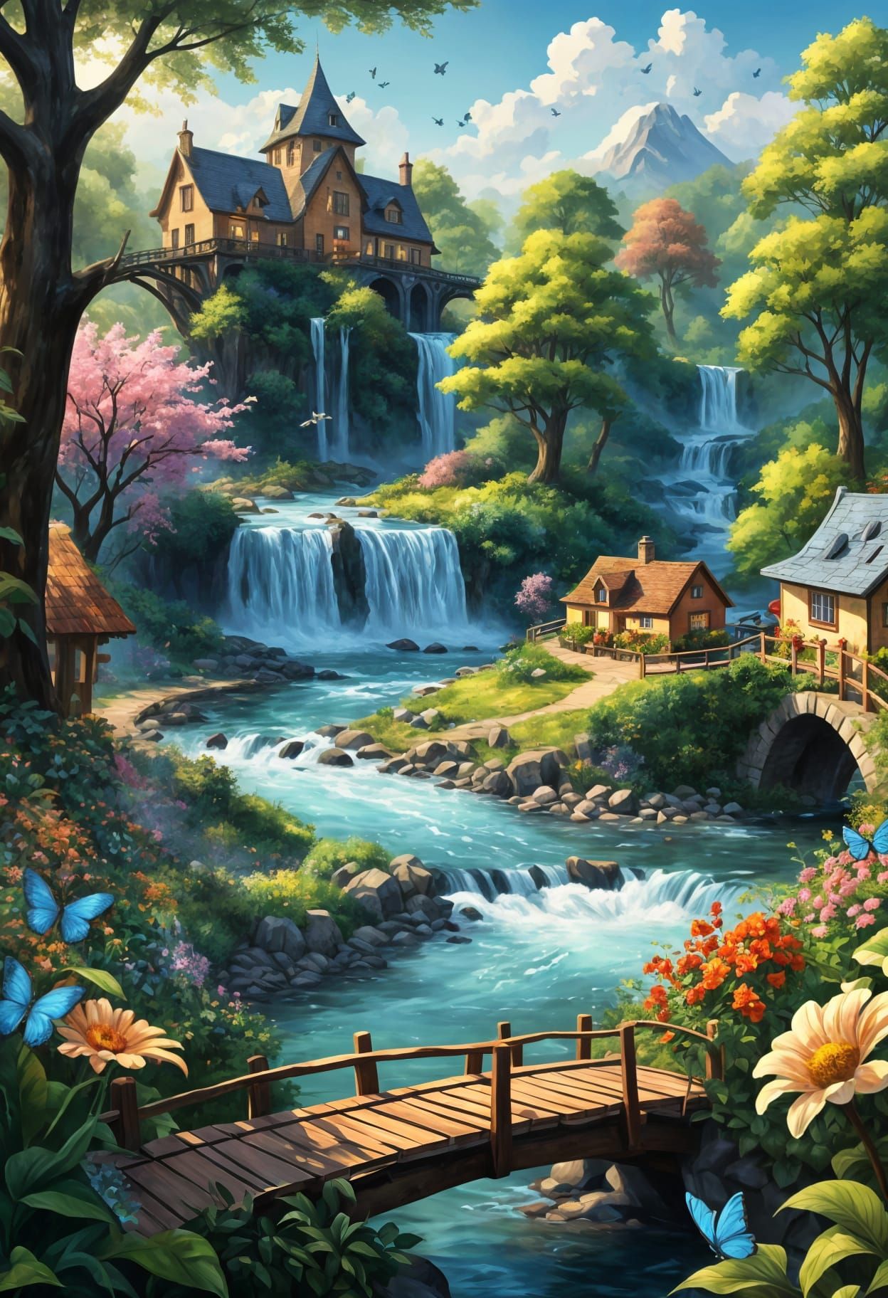 Picturesque Flowery Town Morning Scene with Bridge