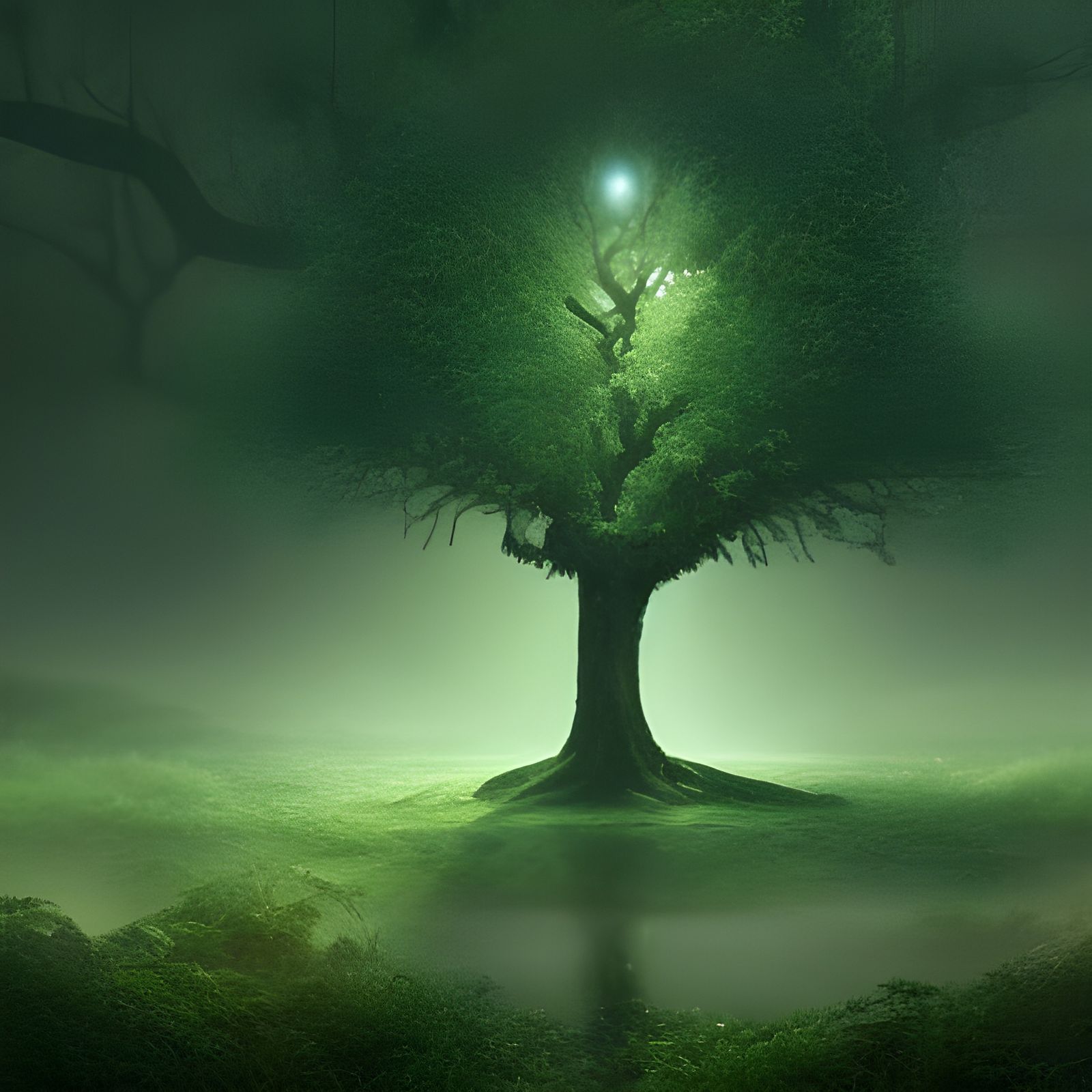 Magical Tree with Glowing Leaves in Digital Painting