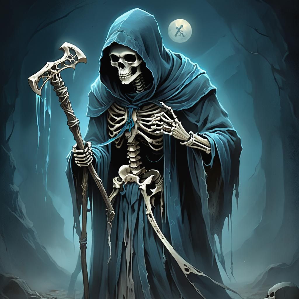 Gothic Skeleton with Scythe and Hourglass in Eerie Light
