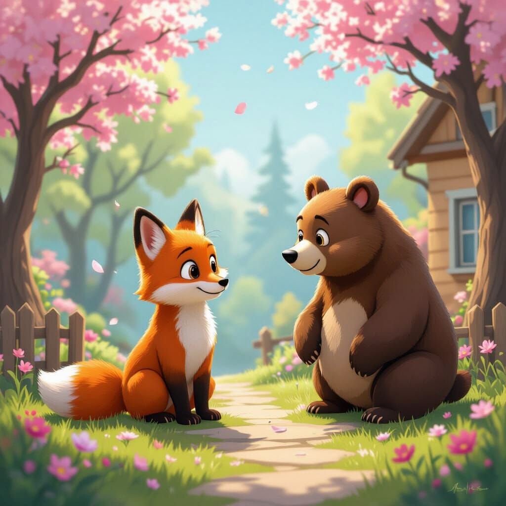 Fox Visits Bear Neighbor in Spring Cartoon Style