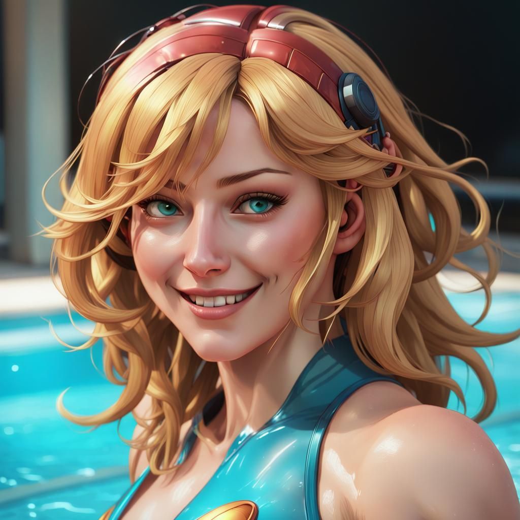 Samus Aran Portrait by Hotel Pool, Hyperdetailed Art