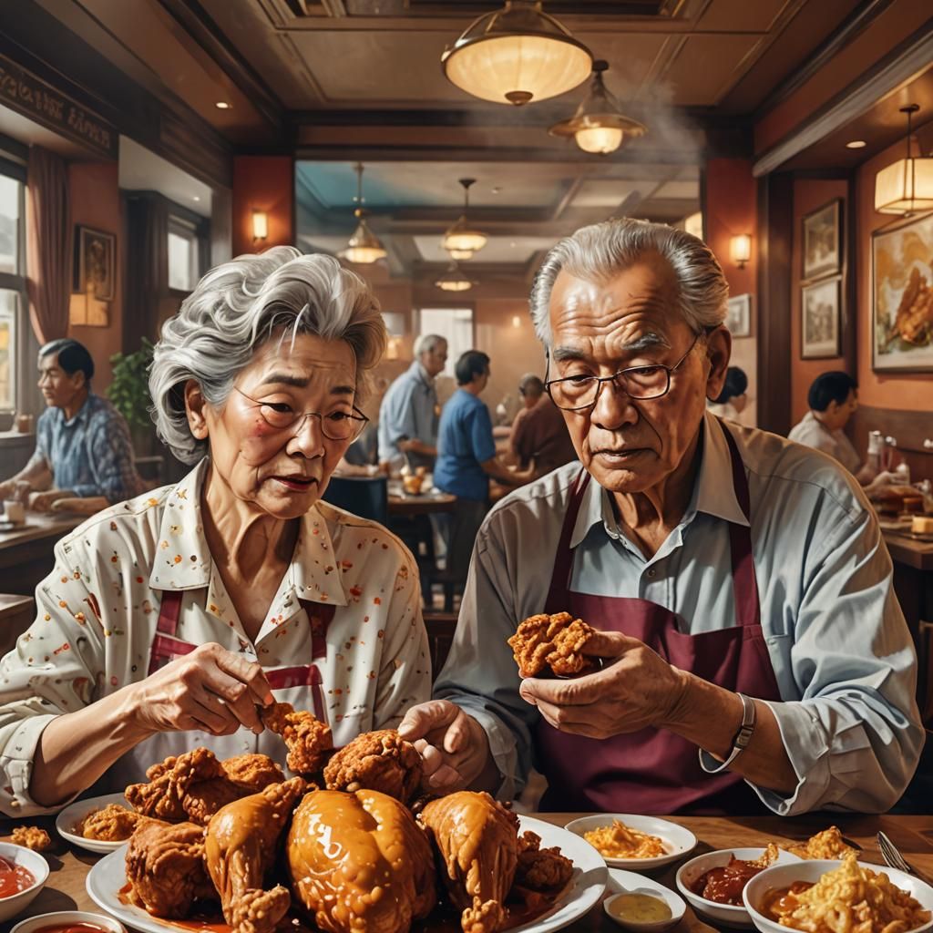 Hyperrealistic Hotel Scene: Elderly Couple with Fried Chicke...