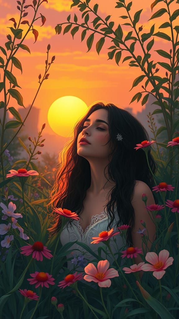 Woman in Whimsical Sunset Landscape with Vibrant Flowers